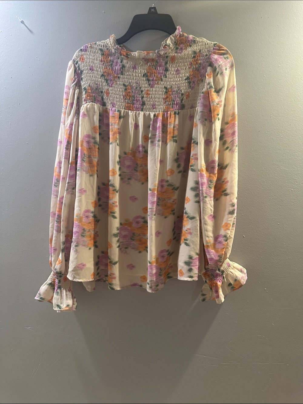 entro Cream Floral Smocked Yoke Blouse with Pink & Orange Flowers